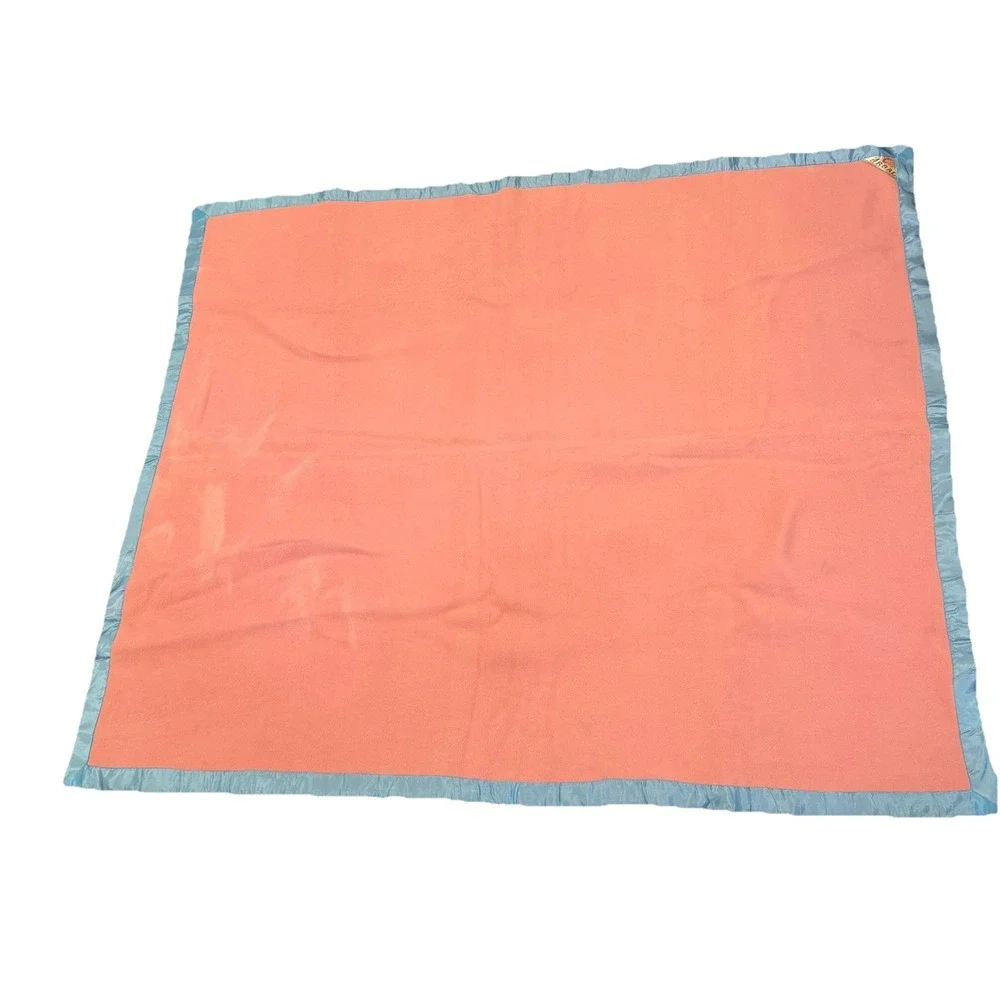 Vintage Arbal Greek  Wool Blanket Satin Trim Reversible Pink‎ Blue MCM Heavy